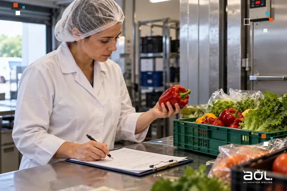 Profissional da qualidade inspecionando hortifrut&iacute;colas e preenchendo registro de controle em &aacute;rea de recebimento de alimentos
